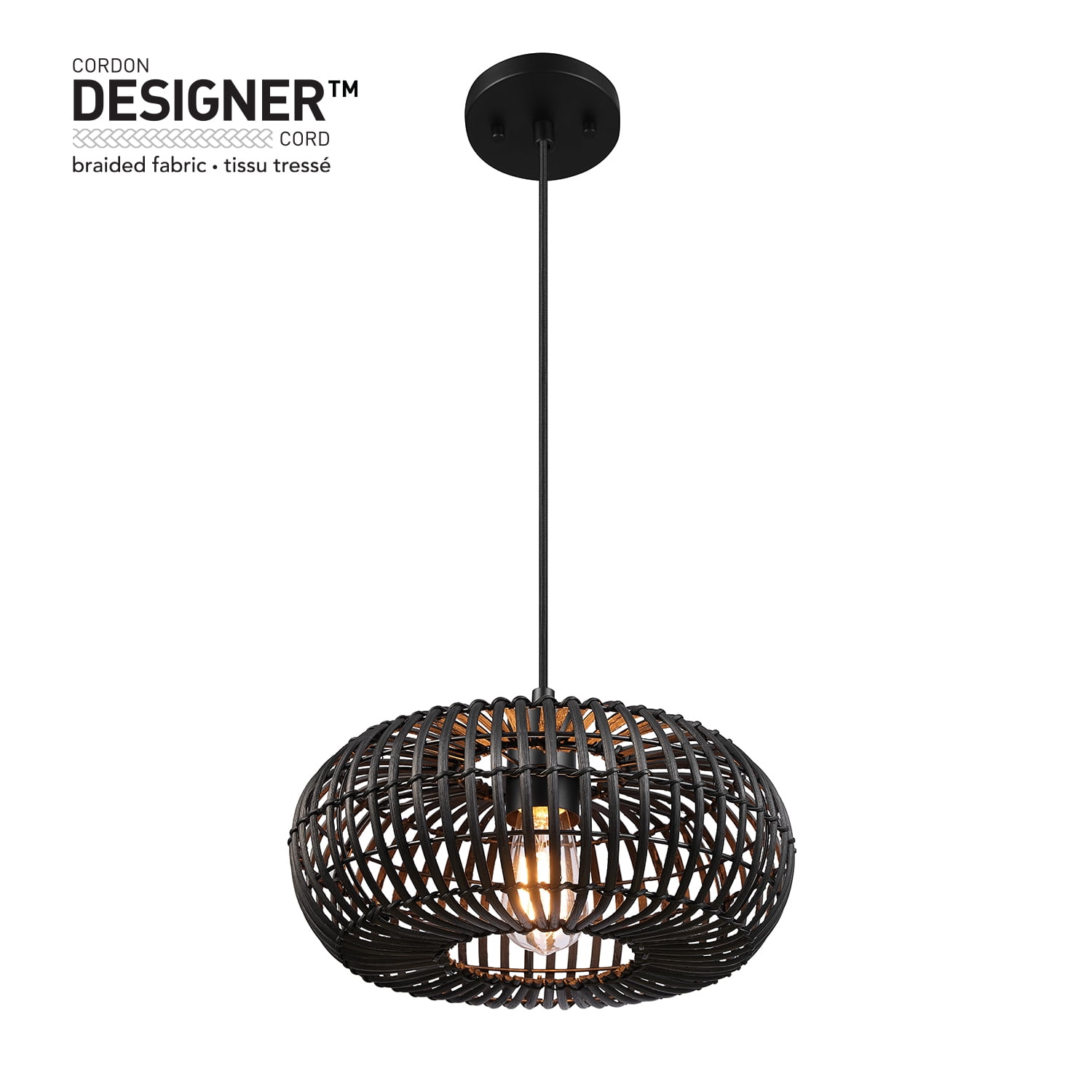 Globe Electric Maren 1-Light Matte Black Pendant Lighting with Rattan Shade, 91002266