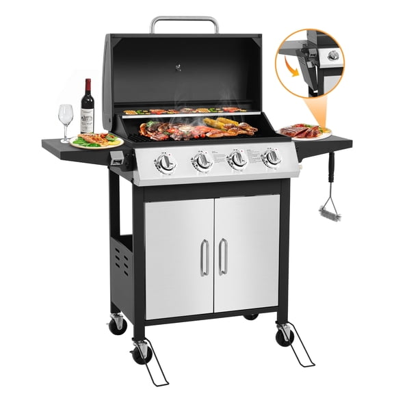 SEGMART 4 Burner BBQ Propane Gas Grill, Stainless Steel 40,000 BTU Patio Garden Barbecue Grill with Folding Side Tables, Cleaning Brush & Thermometer, Perfect for Camping, Outdoor Cooking