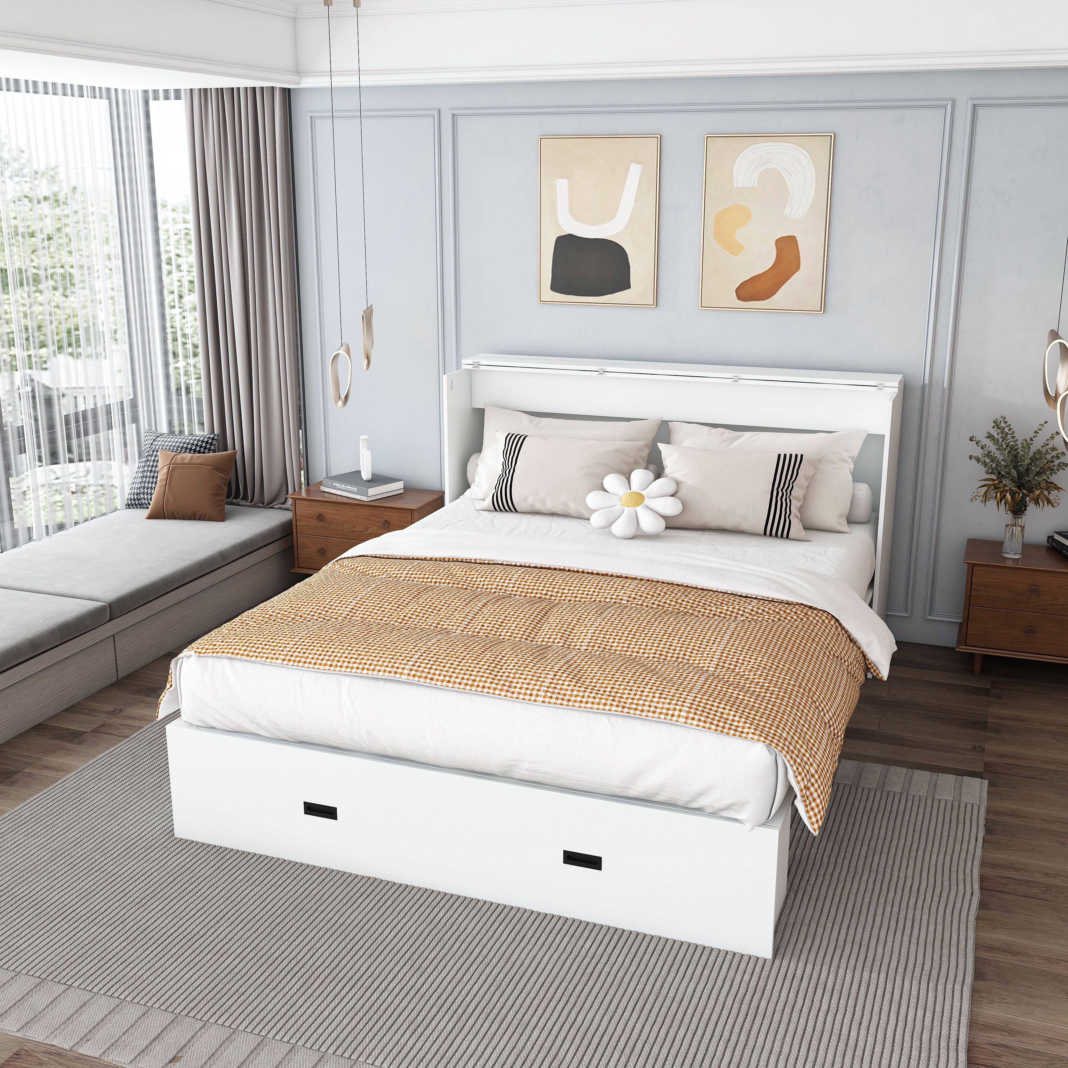 Yoneston Full Size Murphy Bed with Mattress & Charging Station, Cabinet Bed with Storage Drawers for Bedroom Guest Room Living Room, White