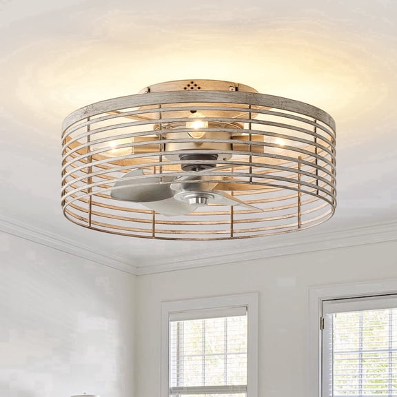 Parrot Uncle 18" Smart Distressed White Drum Flush Mount Ceiling Fan with Remote and APP Control