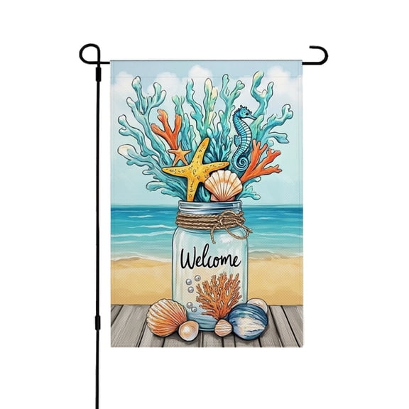 AMHNF Welcome Beach Theme Linen Garden Flag with Seashells and Coral for Spring Summer Home Outdoor Garden Yard Door Decor 12x18 inch