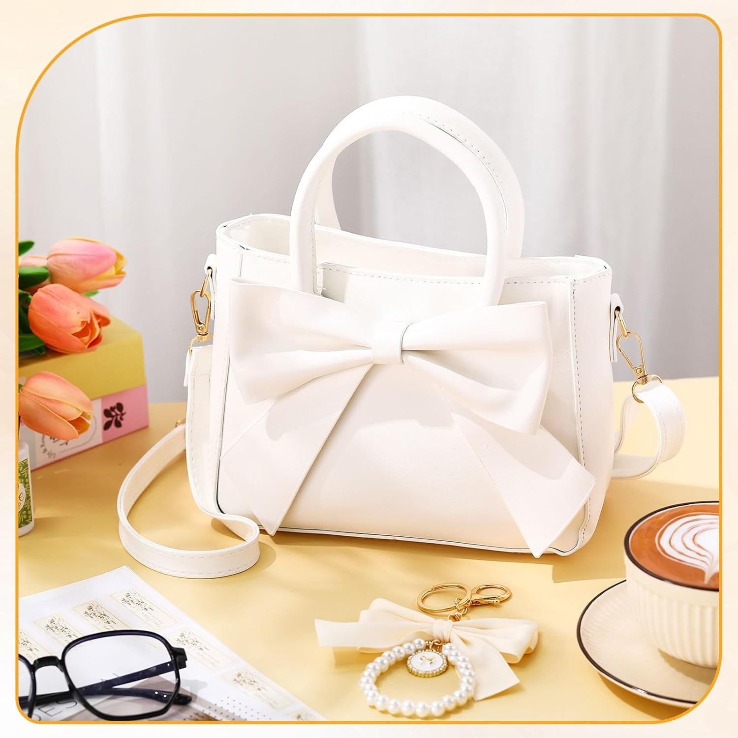 Cute Purses for Women Leather Crossbody with Bow Charm Small Handbags with Adjustable Shoulder Strap