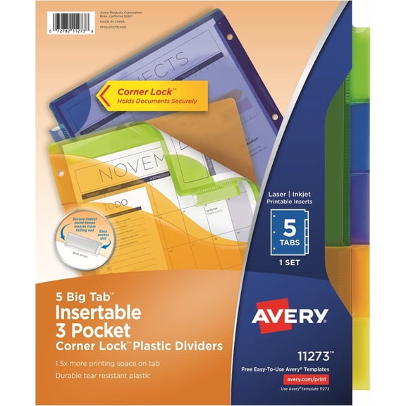 Avery Big Tab Plastic Dividers, 5-Tab, Corner Lock (11273)