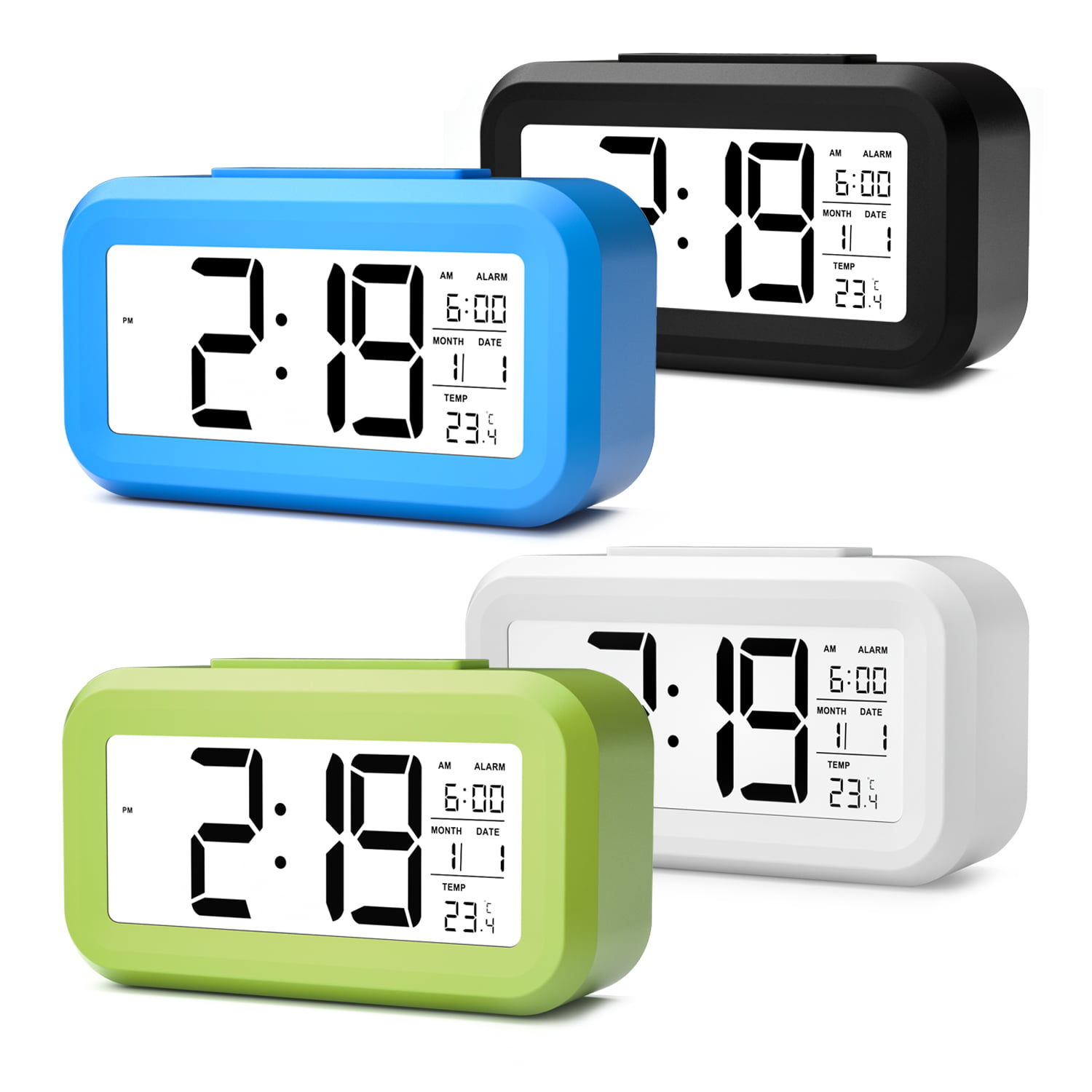 PETSOLA Digital Alarm Clock Blue Backlight With Snooze For Bedroom Time Date White