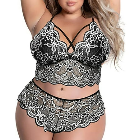 

Bra Sets For Women Plus Size Sexy Lingerie V Neck High Waist Floral Lace Criss Cross Bra And Panty 2 Piece Set No Underwire