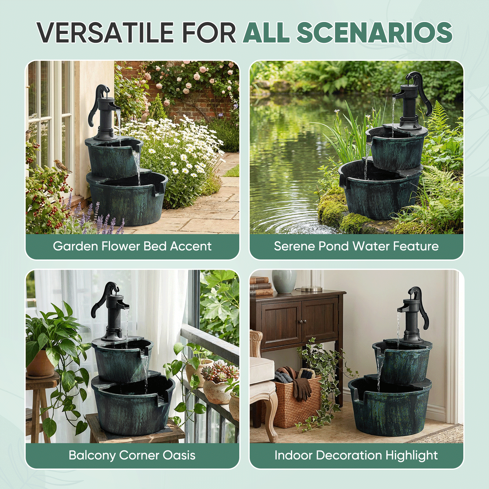 Magshion 27" 2-Tier Barrel & Pump Waterfall Fountain, Freestanding with Recirculating Pump, for Garden Patio Backyard, 11L, Green