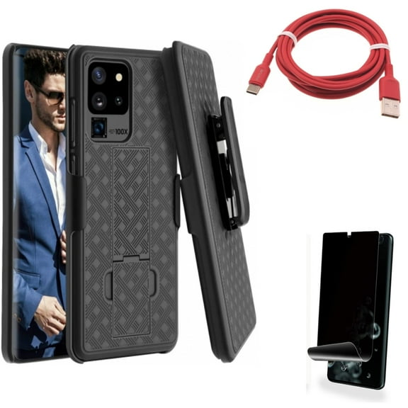 6ft USB-C Cable w Privacy Screen Protector w Case Belt Clip for Samsung Galaxy S20 Ultra - Red Charger Cord Power, TPU Film [NOT GLASS] [Fingerprint Works], Holster Swivel Cover fits Galaxy S20 Ultra