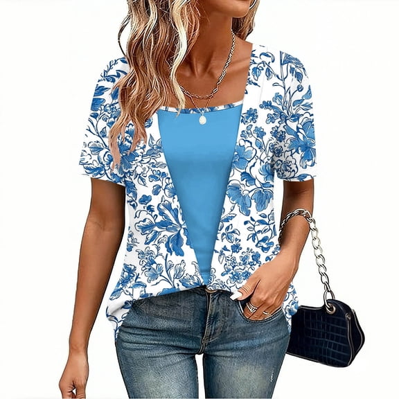TARIENDY Summer Short Sleeve Tops for Women Trendy 2 in 1 Floral Printed Blouses Loose Vacation Casual Outfits Light Blue L