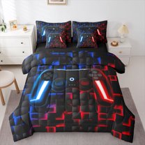 Video Game 7 Pieces Bed in a Bag Twin, Red Navy Room Decoration for Teen , Black Reversible