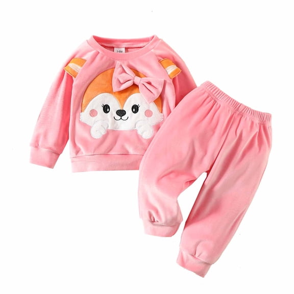 Odeerbi Baby Girls Clothes Toddler Outfit Autumn Winter Embroidered Long Sleeved Crew Neck Bow Top Pullover Trousers Two-piece Set