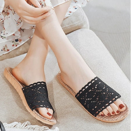 

Cathalem Acorns Womens Slippers Linen Slippers Indoor Non Slip Slippers Hollow Lace Slippers Rubber Womens Slippers Memory Foam Black 7.5