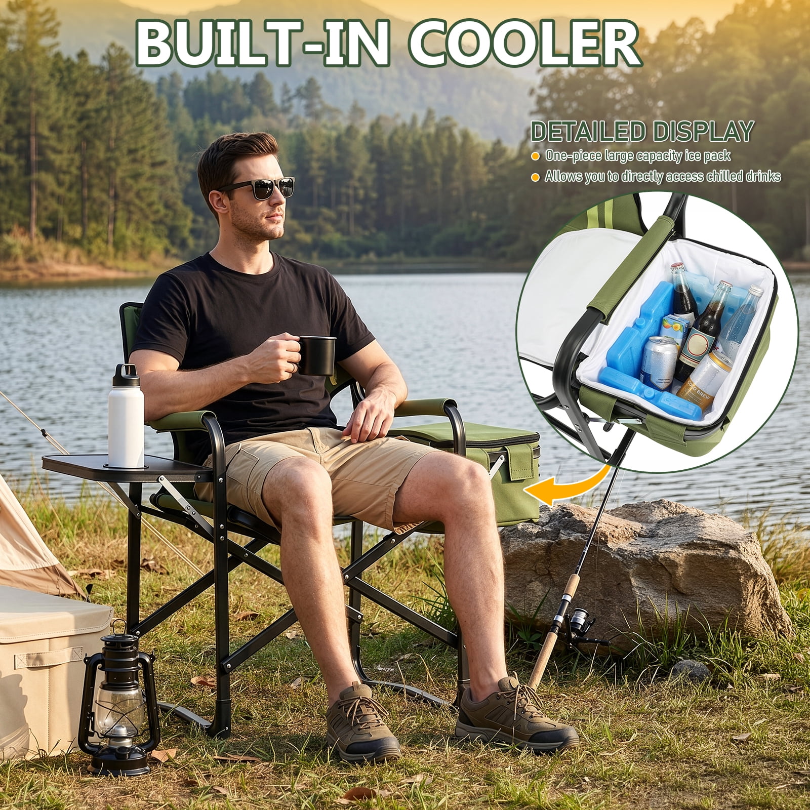 Folding Camping Chair with Side Table & Insulated Cooler Bag, Spray-Coated Aluminum Frame, 265 lbs Capacity Foldable Outdoor Chair for Camping Beach Fishing Picnic, 46.46" x 20.87" x 33.46"