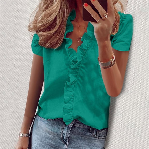 QLEICOM Plus Size Women Kaftan Loose Blouse Shirts, Summer Short Sleeve Thin Baggy Ruffled V-Neck Pullover Tops Blouse, Office LO Work Shirt Basic Tee S-5XL, Gifts for Mom
