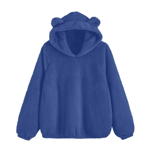 Wdfiry Women Cute Winter Hoodies Solid Color Sherpa Fluffy Pullover Sweatshirts Long Sleeve Cat Ear Plush Hooded Sweater Tops