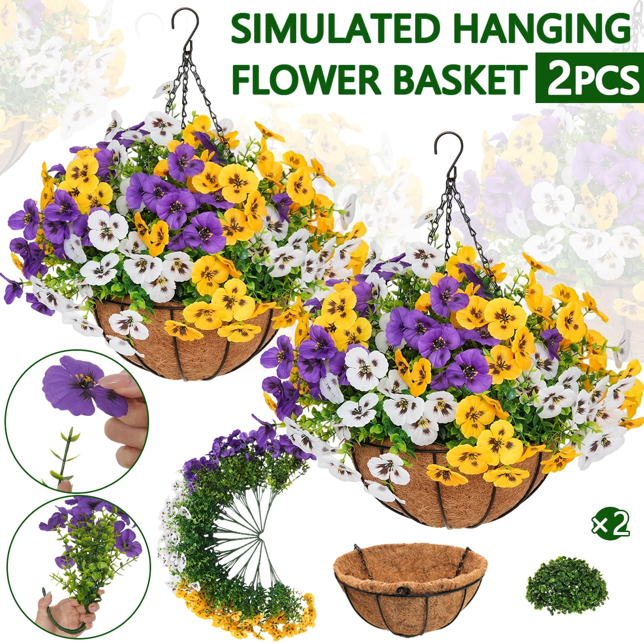 Artificial Hanging Flowers, 24 Pcs Set of Simulated Three Violet Flower Plants, with Coconut Shell Lined Basket, Suitable for Indoor and Outdoor Home and Outdoor Garden Decoration in Spring and Summ
