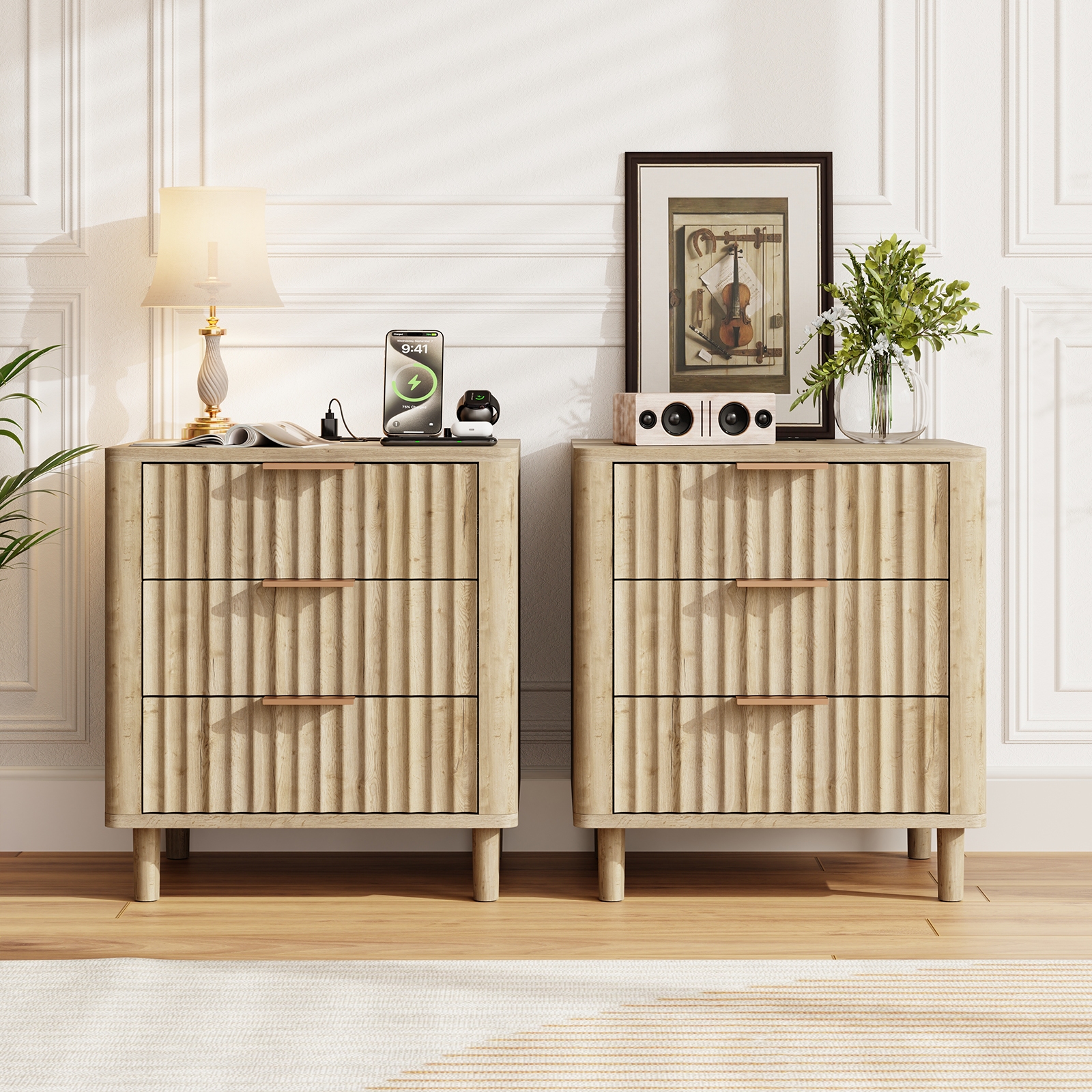 18" Wide Fluted Nightstand Set of 2 with Charging Station Modern Wood Bedside Table with 3 Drawers, Mid Century End Table for Bedroom Living Room Office, Oak