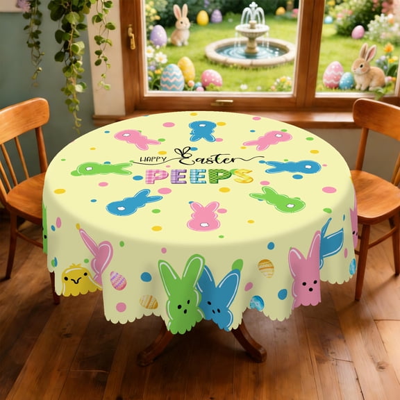 Langever Easter Tablecloth Round 60Inch - Colorful Bunny Chick Holiday Tablecloth for Spring Party, Kids Brunch, Kitchen Decor