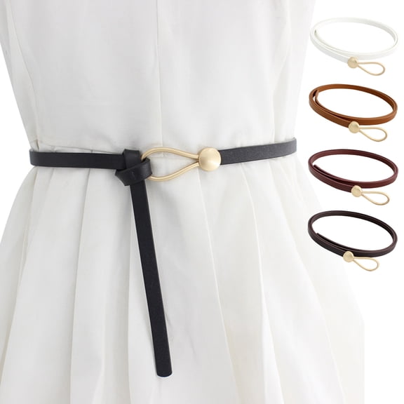 Women Fashion Versatile Knotted Metal Buckle Solid Color Thin Leather Waist Belt for Dress