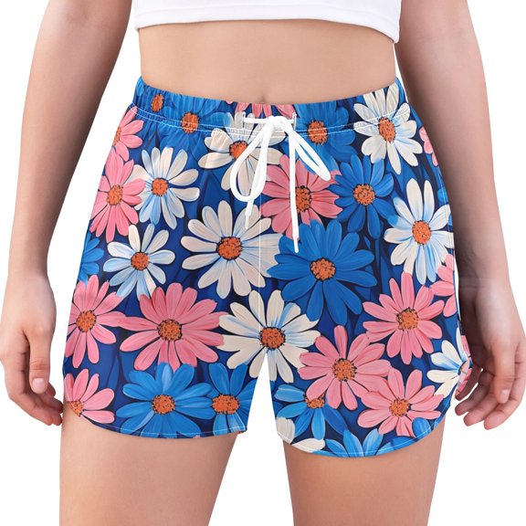 FORMRS Womens Swim Shorts Mesh Liner Quick Dry Casual Beach Board Bottom with Pockets, Sizes S-2XL, Pink Flowers Pattern