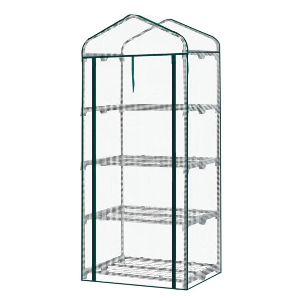 4 Tier Mini Greenhouse with PE Cover & Roll-Up Zipper Door, Portable Waterproof Greenhouse for Garden Backyard, 27" x 19" x 62", White
