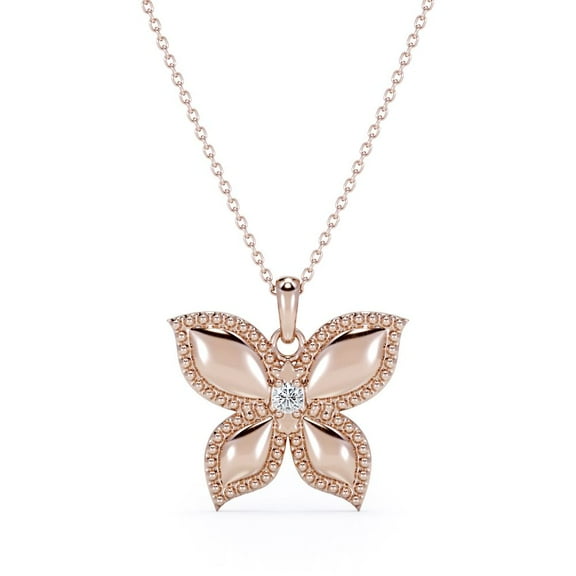 JeenMata Butterfly-in-Love Pendant Necklace with Round Brilliant Cut Moissanite in 18K Rose Gold Plating over Silver