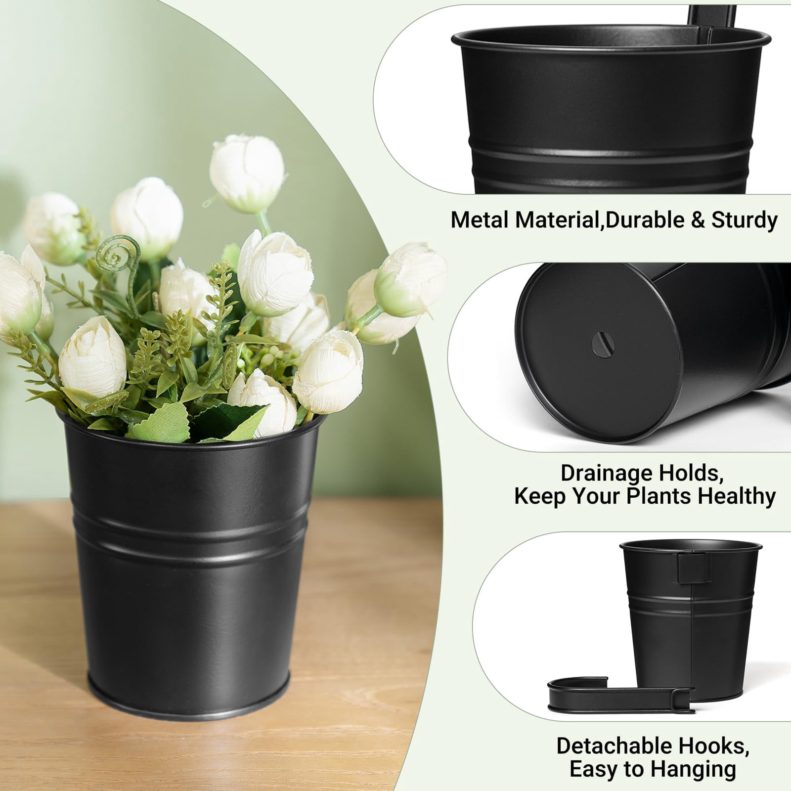 10 Pcs Hanging Flower Pots Metal Iron Bucket Planter for Railing Fence Balcony Garden Home Decoration Flower Holders with Detachable Hooks, White, 4 inches