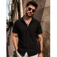thumbnail image 2 of Men's Short Sleeve Button Down Shirt, Vertical Textured Stripe Casual Summer Beach Shirt, Lightweight Breathable Fashion Top with Front Pocket Black M, 2 of 7