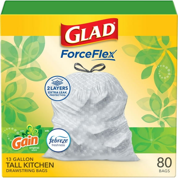 Glad Tall Kitchen Trash OKA4 Bags 13 Gallon, Gain Original Garbage Bags, Odorshield with Drawstring, 80 Count