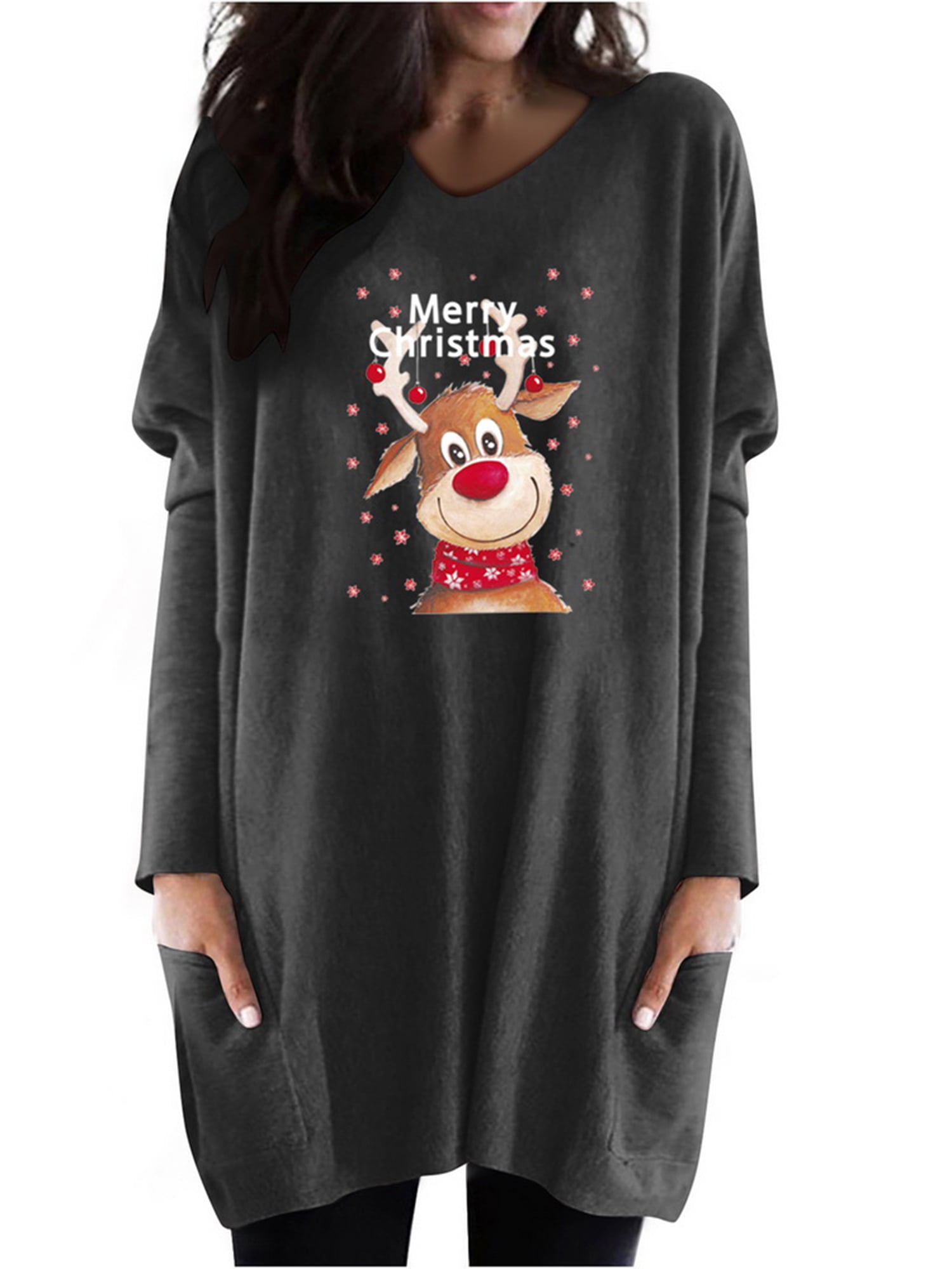 Simooset Women's Christmas Elk Print Long Sleeve Vneck Side Pocket T