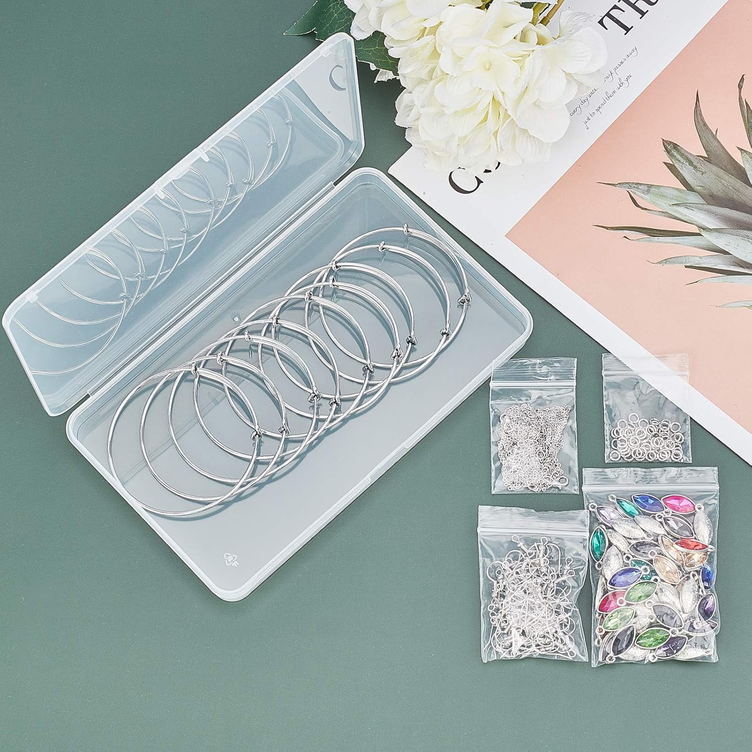 About 64pcs Alloy Glass Horse Eyes Charms with 10pcs Iron Expandable Bangles 5pcs Cable Chain Necklaces 70pcs Earring Hooks 70pcs Jump Rings for DIY Jewelry Making