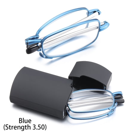 Fashion Men and Women Alloy Frame Rotation Includes Glasses Case Telescopic Legs Presbyopia Eyeglasses Folding Reading Glasses BLUE (STRENGTH 3.50)