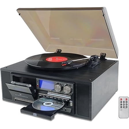 LoopTone 10 in 1 Vinyl Record Player 3 Speed Bluetooth Vintage Automatic Turntable AM/FM Radio CD Cassette Player USB Recorder Aux-in RCA Line-Out