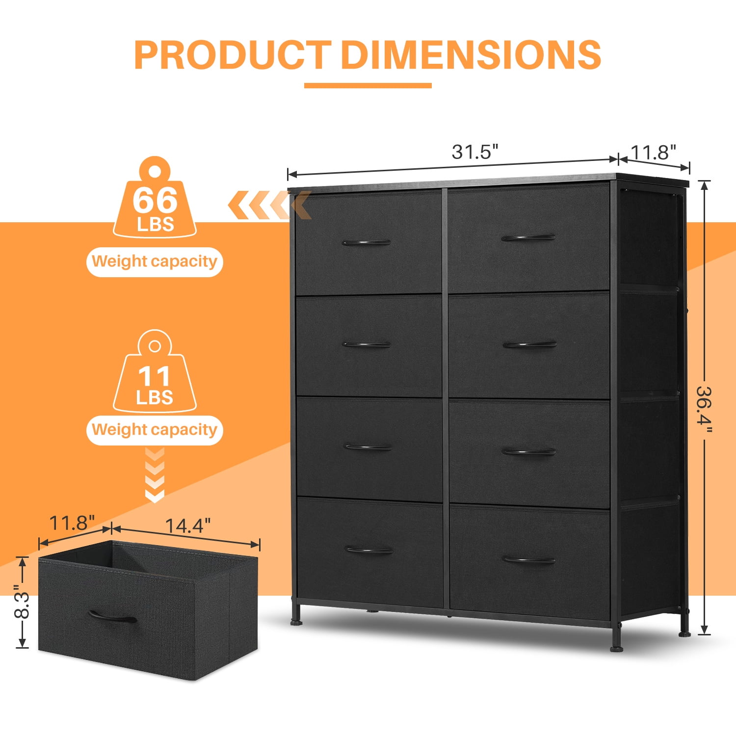 Simenmax 8 Drawer Dresser for Bedroom Fabric Dresser Chest of Closets Storage Units Organizer Tower Wooden Top Shelf for Bedroom, Hallway, Entryway, Closet,Black