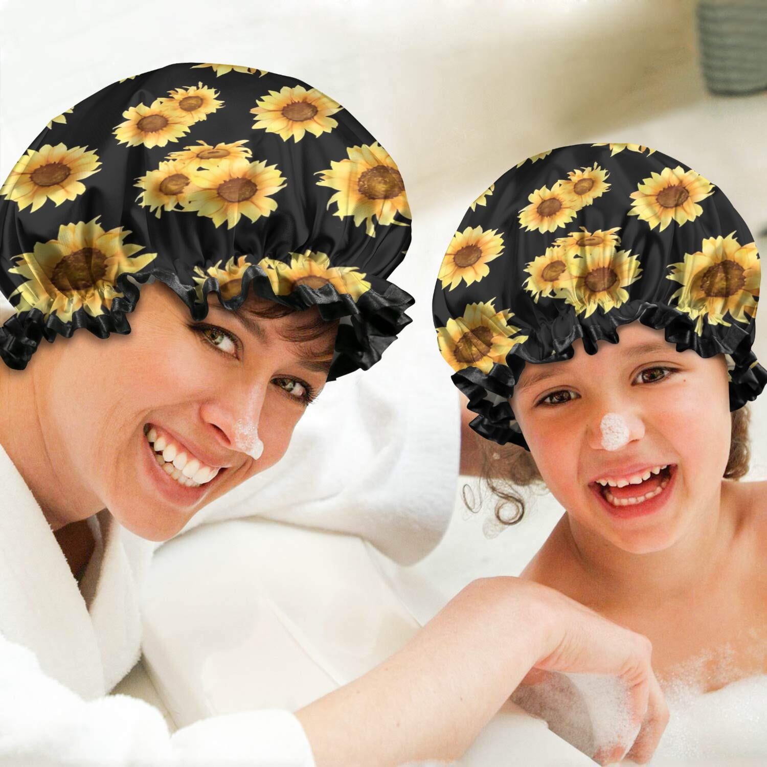 Shower Caps,Black Yellow Sunflower Pattern Waterproof Shower Cap for Women 4 Pieces,Double Reusable Hair Cover for Shower PEVA Elastic Stretch Hem