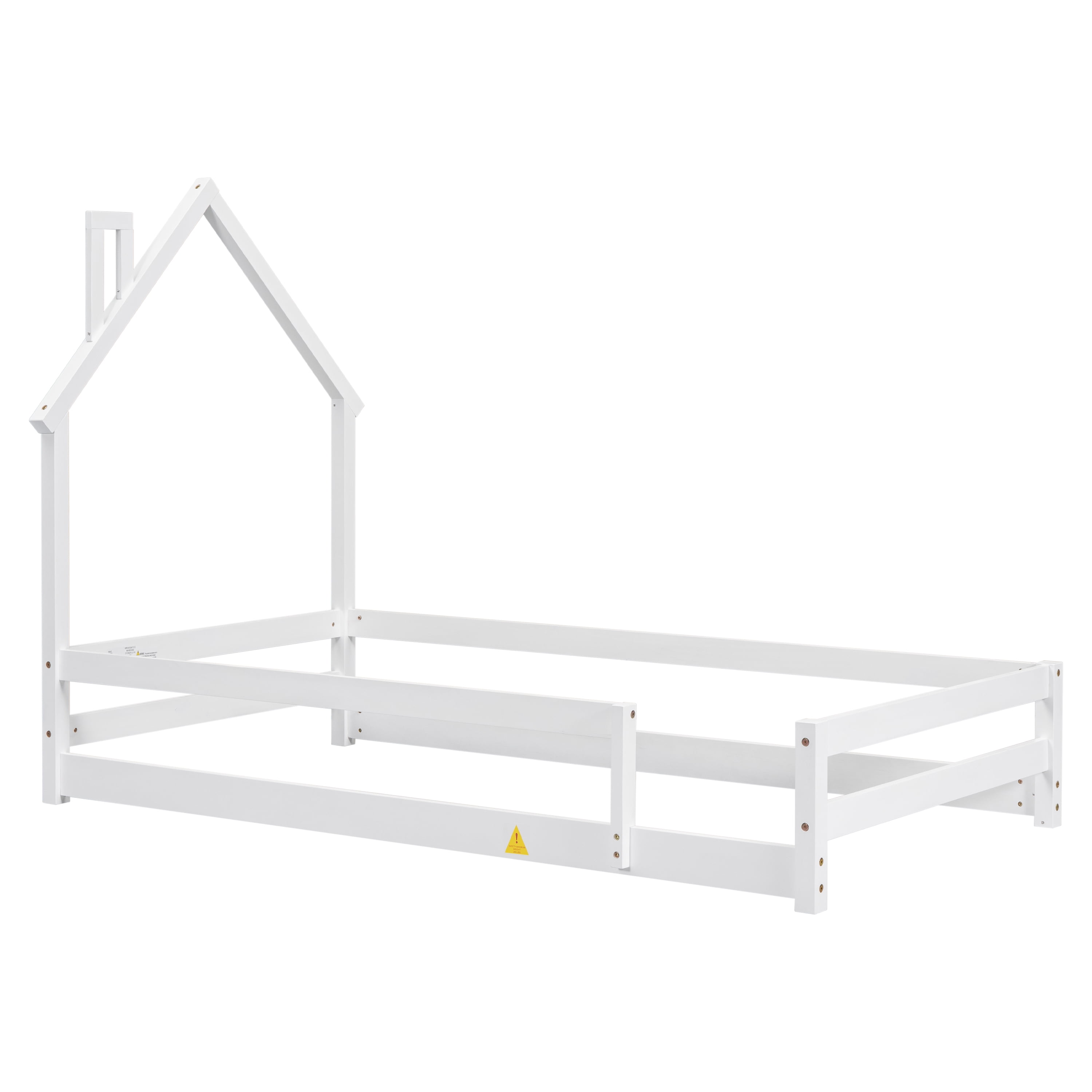 Euroco Twin Size House Bed, Low Profile Floor Bed with Chimney, White