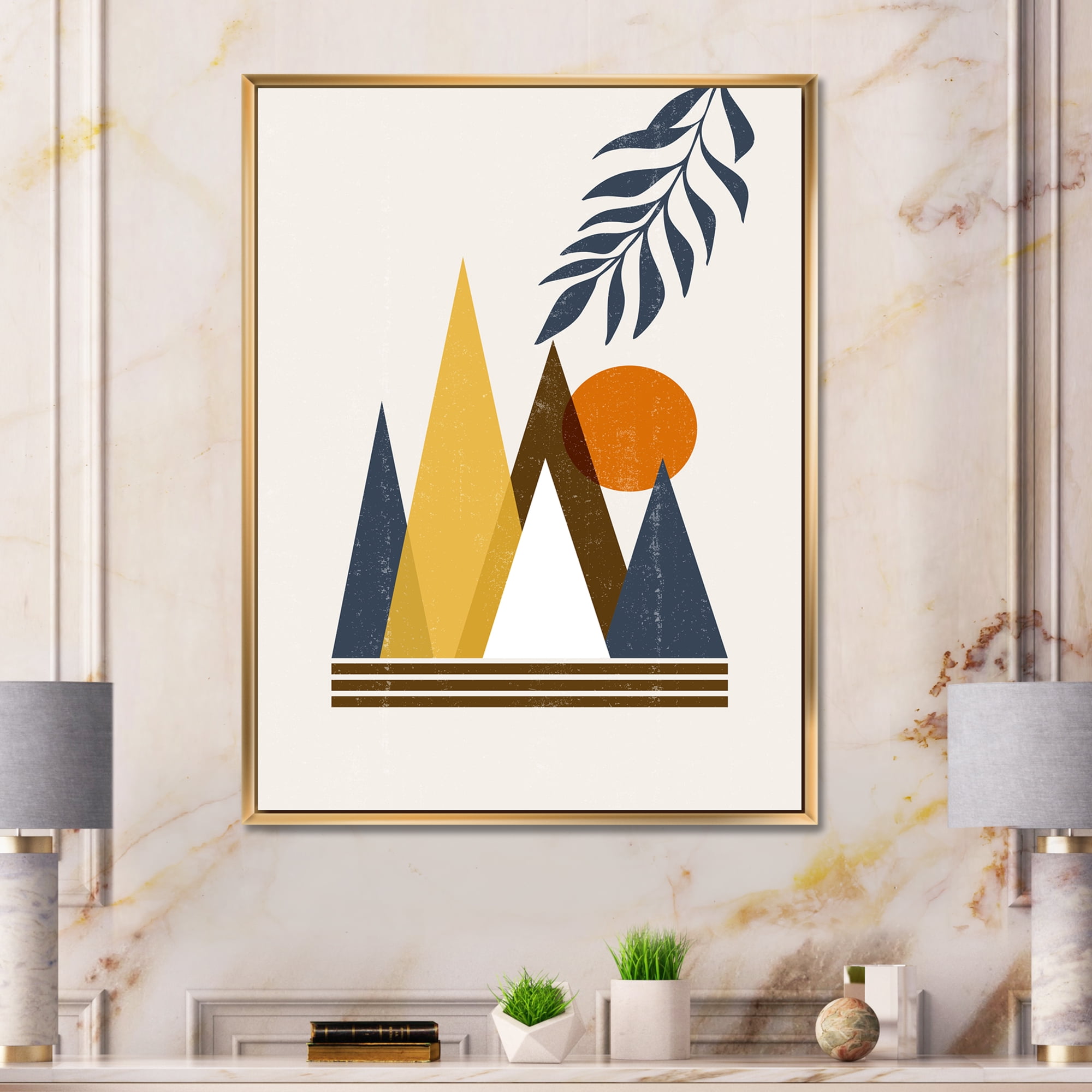 Designart 'Abstract Moon and Sun In Mountains I' Modern Framed Canvas Wall Art Print
