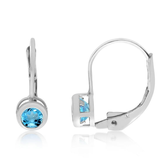 14k White Gold 4mm Blue Topaz Bezel Leverback Earrings