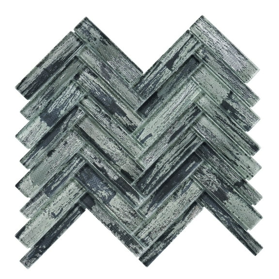 Modket TDH416MG Gray Hand Brushed Pattern Metallic Glass Herringbone Mosaic Tile Wall Backsplash