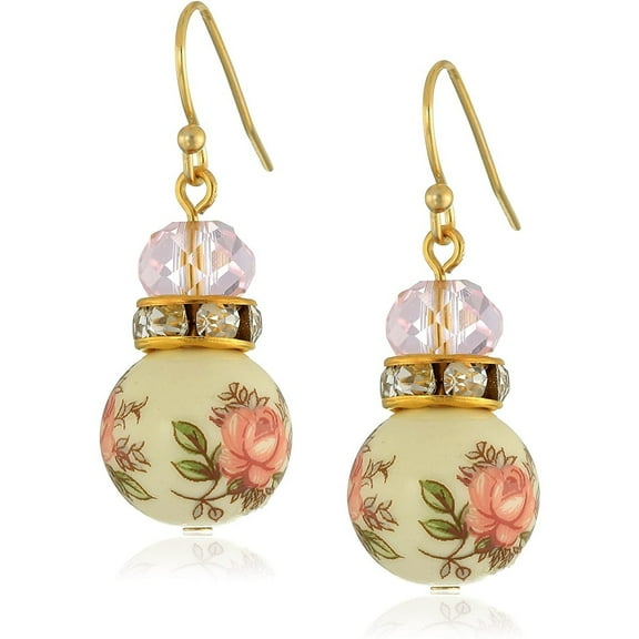 1928 Jewelry Women's Pink Floral Decal Beaded Drop Earrings