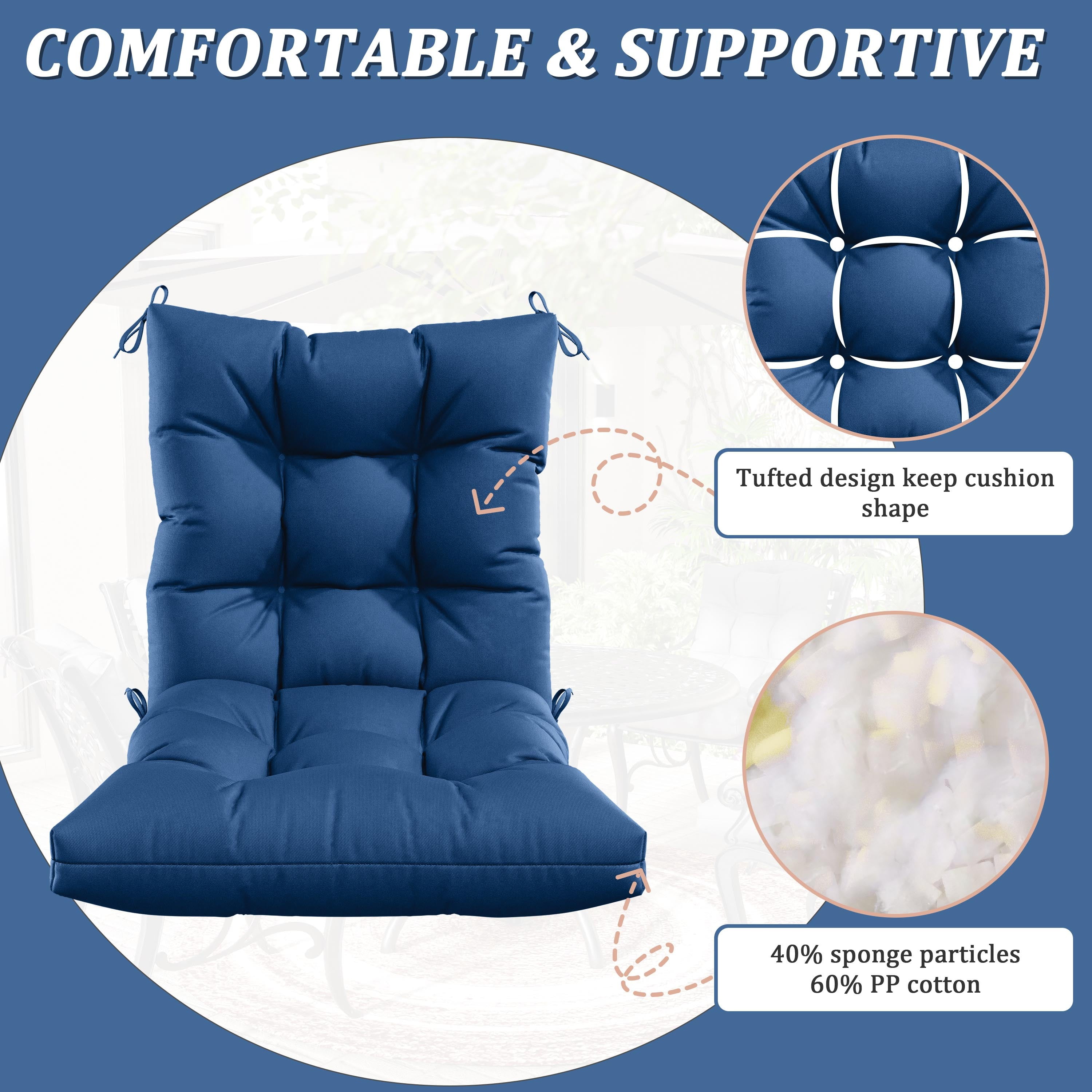 Snubbull Swing Cushions Set of 2, 42" × 21" × 5" Waterproof Rocking Chair Cushions with Ties for Outdoor Indoor Single Seat Cushions, Blue
