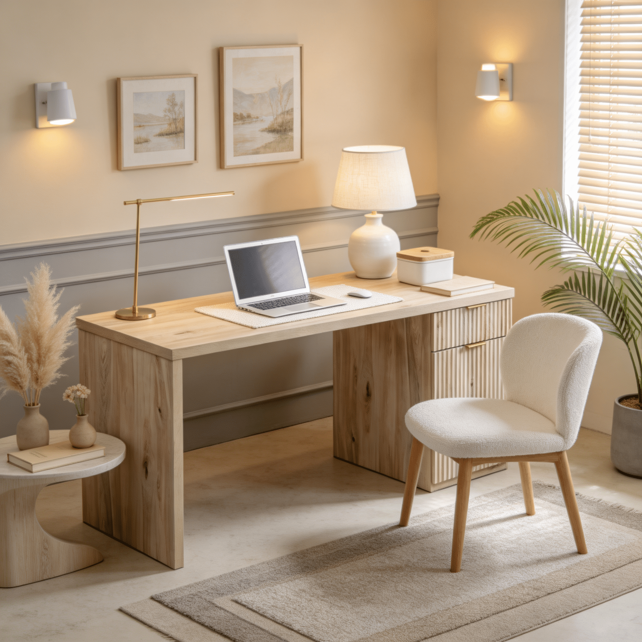 IFMust 60" Home Office Desk with Storage Drawer & Cabinet, Modern Executive Desk with Charging Station, Fluted Computer Desk for Study, Living Room, Oak
