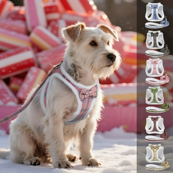 Pet Artist Plaid Cozy Warm Plush Dog Harness and Leash Set with Cute Bow, Winter Pet Puppy Jacket Vest for Small Dogs