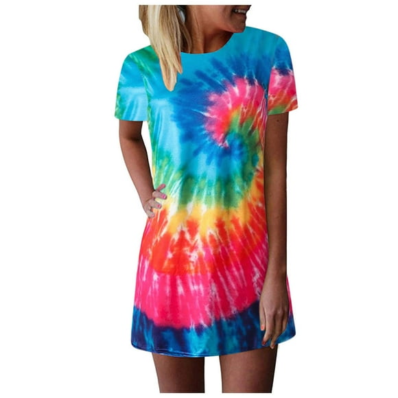 Womens Dresses Casual Summer Womens Tie-dye Printed Summer Casual T Shirt Dresses Short Sleeve Dress