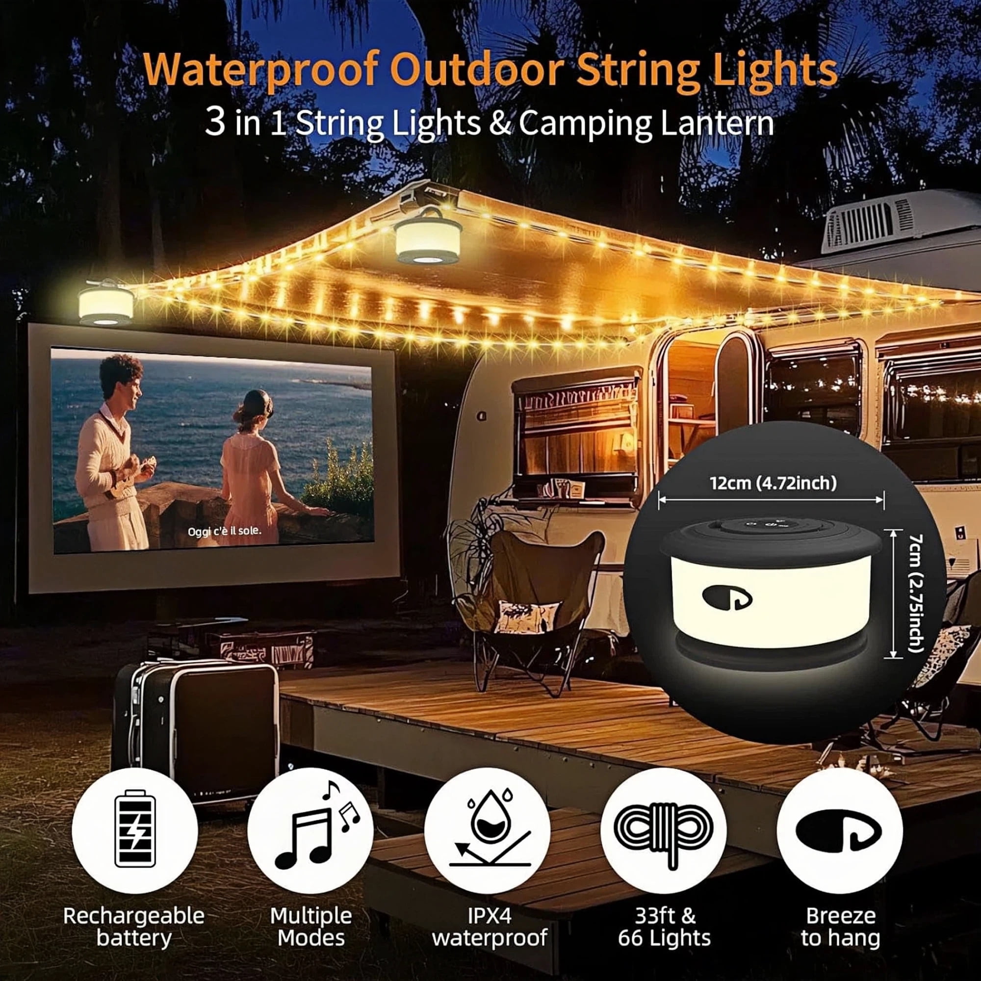 KOBAIBAN 3-in-1 Camping Lights, 32.8FT Rechargeable Camping String Lights with 19 Lighting Modes, IPX4 Waterproof LED Tent Lights for Camping Yard Patio, Black