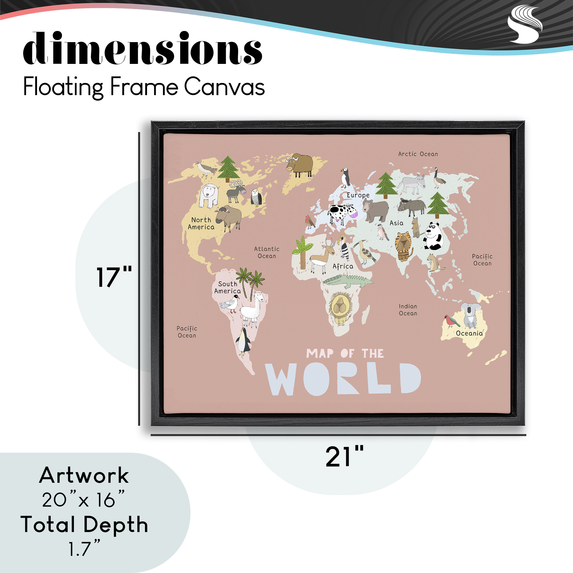 Kid's Map Of World Pink Black Framed Floater Canvas Wall Art, design by Carla Daly