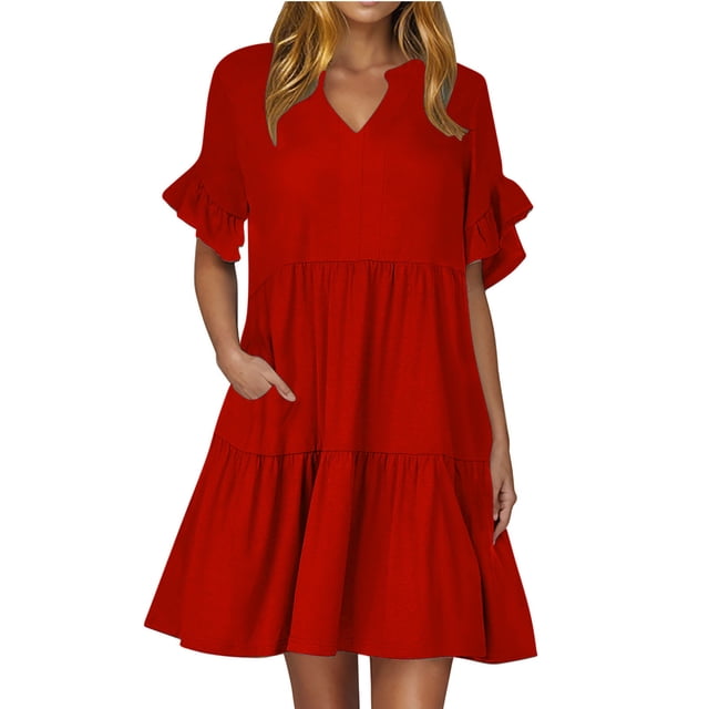 Vestido de Verano de Manga Corta para las Mujeres una Línea de Playa Casual, Bolsillos de Primavera Suelto Vestido de Poliéster