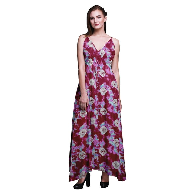 Bimba Robe Longue Imprimée Teinture sur Nœuds pour Femmes, Col en V, Été, Vacances, Resort, TG