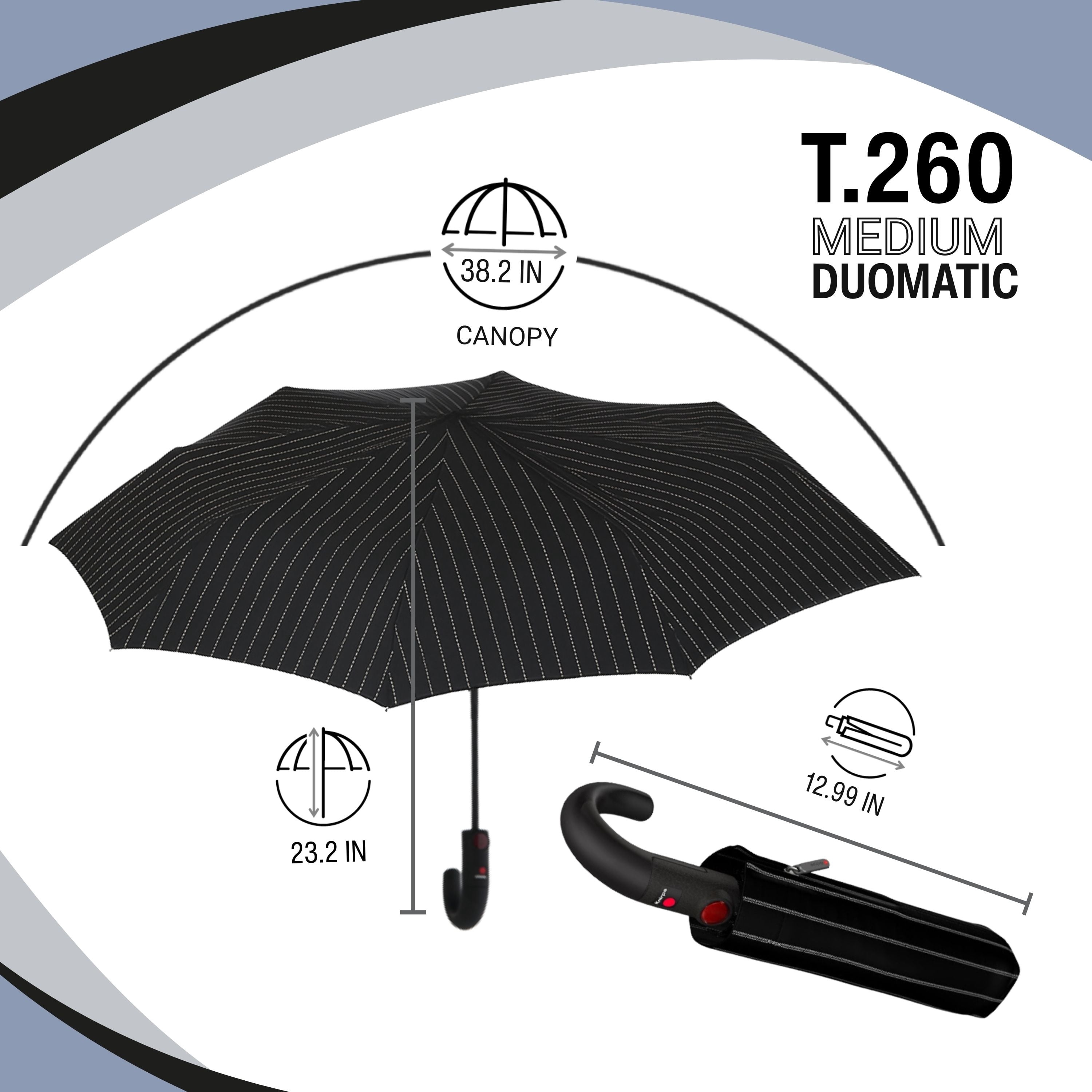 Knirps T.260 Duomatic Medium Pocket Rain Umbrella in Gatsby – Automatic Open Close, Wind-Tunnel Tested to 93mph, Hook Handle Design, 38in Canopy, OEKO-TEX, Fits in Backpacks & Purses