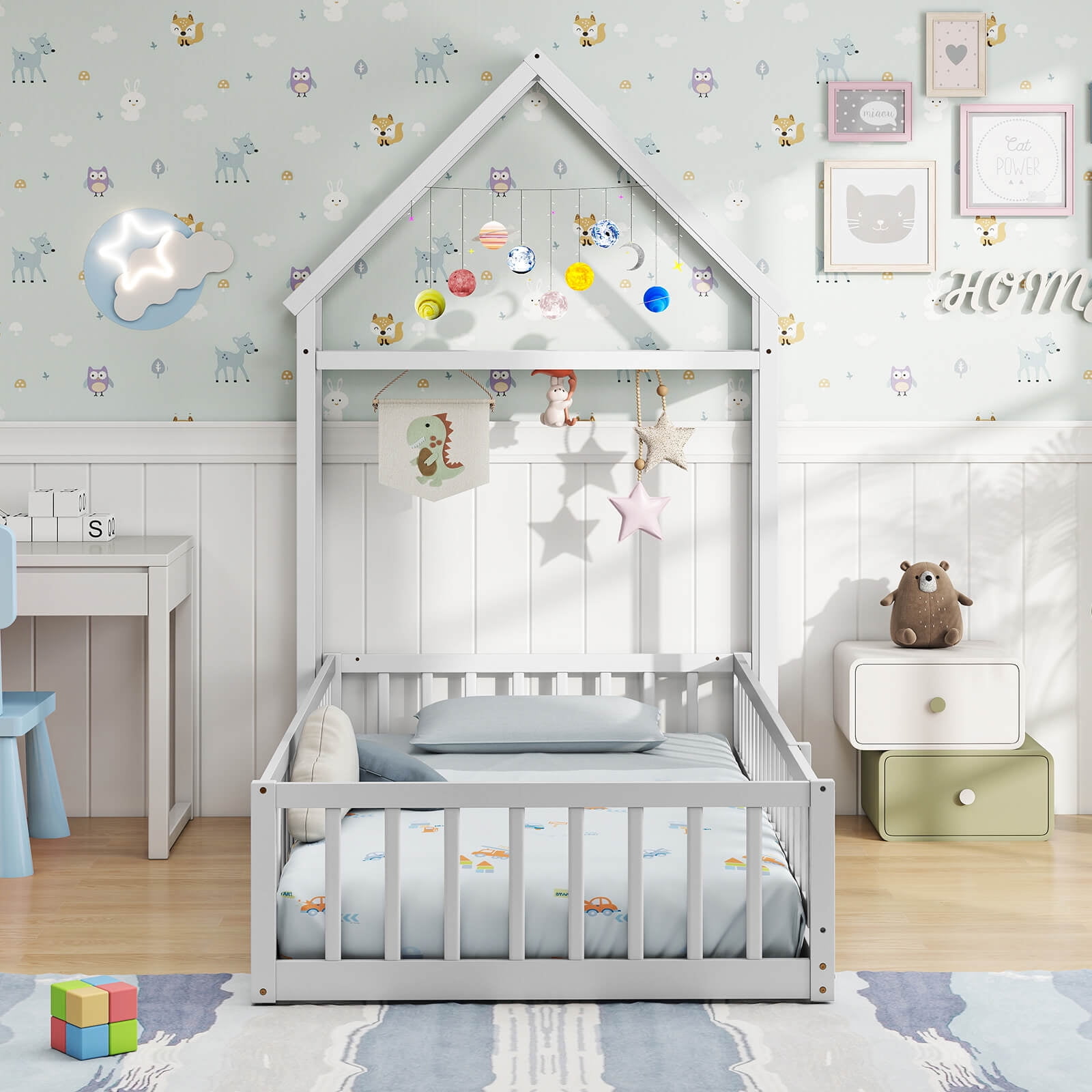 Infans Twin Size House Floor Bed w/House-shaped Headboard Clothes Hanger without Slats