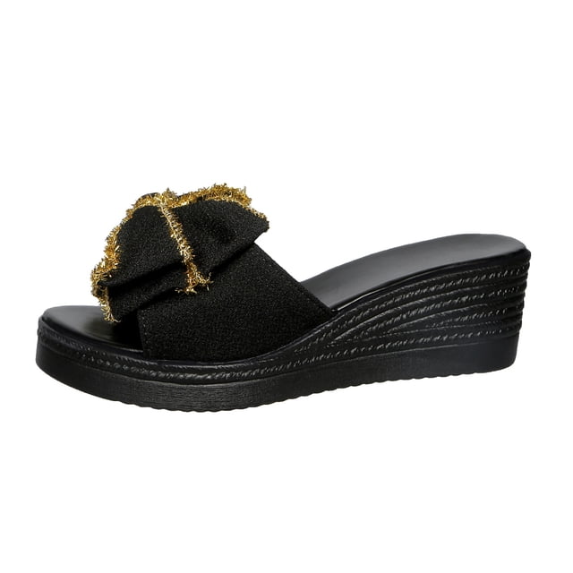 Sandalias de Cuña de las Mujeres Casuales Gold Fringe Bow Slide, Oro Sandalias Tacones Glitter Pescado Boca Verano
